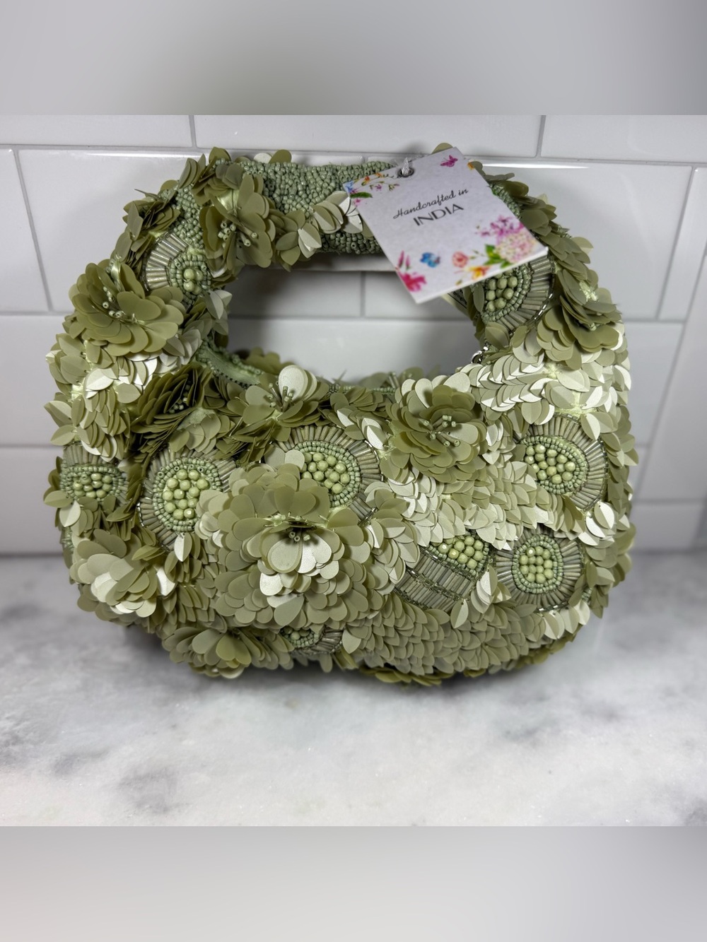 Viral New Release Green Floral Beaded Handbag Handcrafted In India NWT